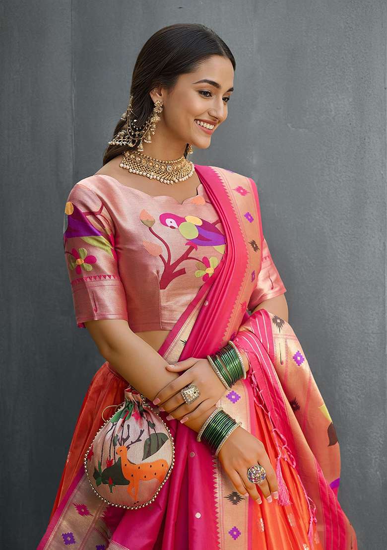 Orange Jacquard Silk Blend Weaving Work Lehenga Choli Set for Diwali and Festive Wear - Indya