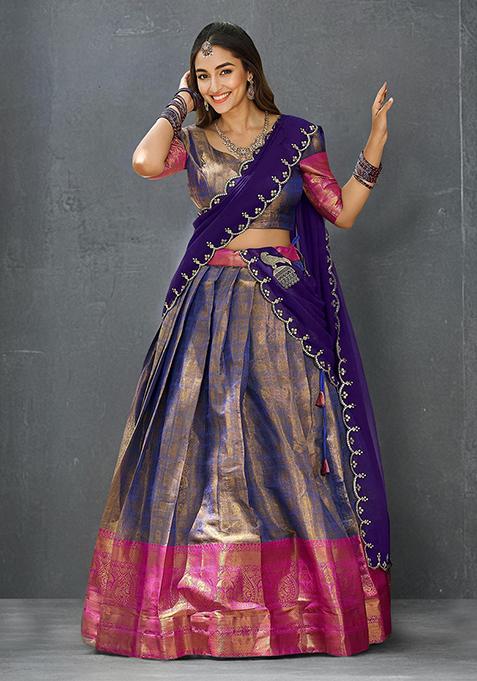 Blue Kanjivaram Zari Weaving Work Lehenga Choli Set