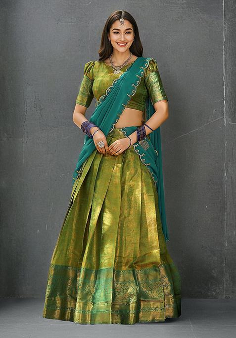 Parrot Kanjivaram Zari Weaving Work Lehenga Choli Set