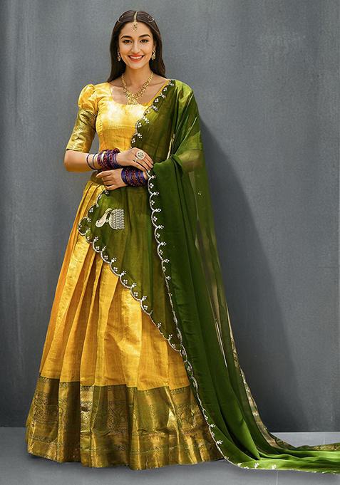 Yellow Kanjivaram Zari Weaving Work Lehenga Choli Set