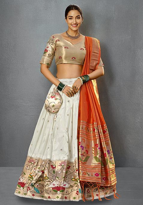 White Zari Work Jacquard Silk Lehenga Choli Set