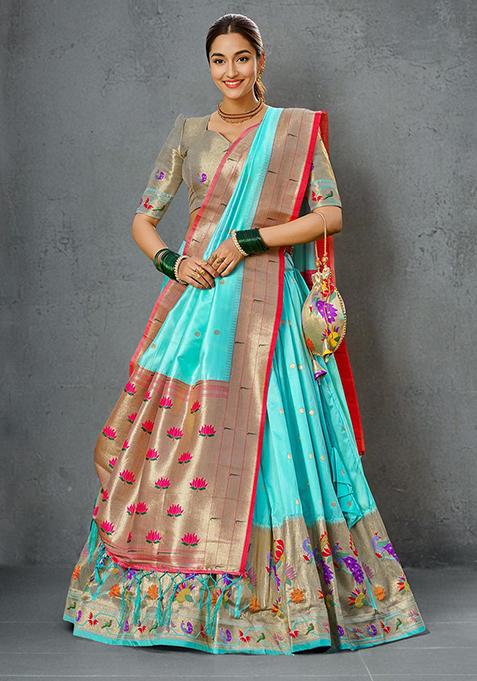 Sky Blue Zari Work Jacquard Silk Lehenga Choli Set