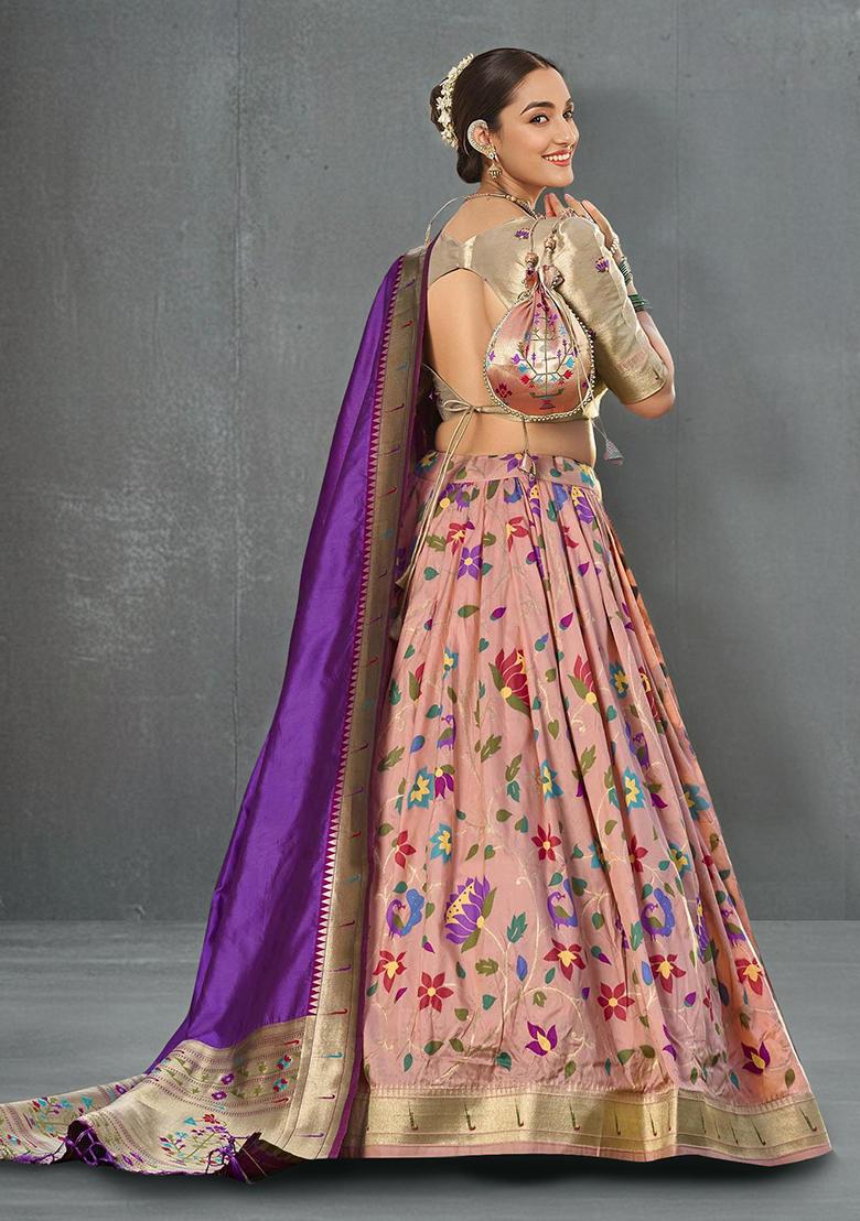 Peach Zari Work Jacquard Silk Lehenga Choli Set