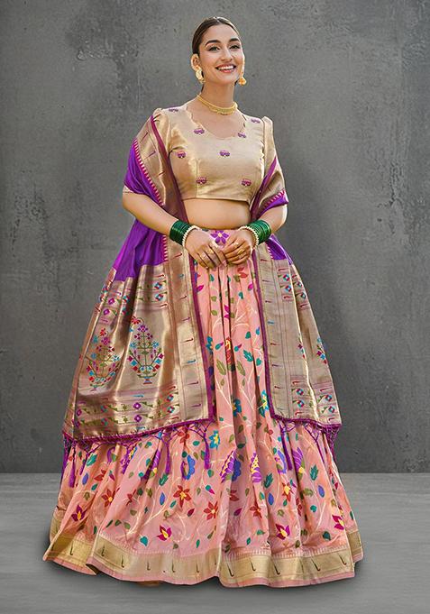 Peach Zari Work Jacquard Silk Lehenga Choli Set