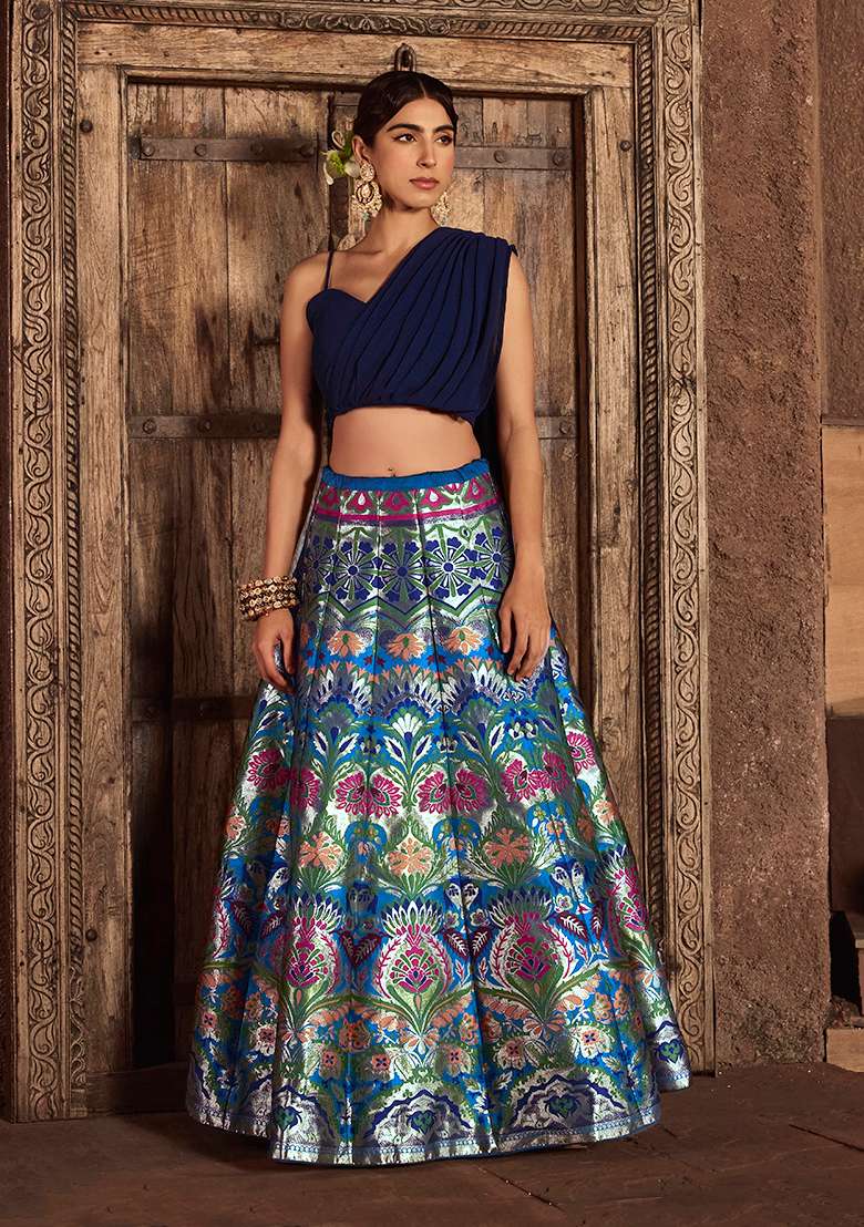 Navy Blue Banarasi Silk Blend Zari Work Lehenga Set for Diwali and Festive Wear - Indya