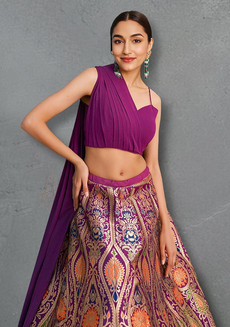 Wine Banarasi Silk Zari Work Lehenga Set
