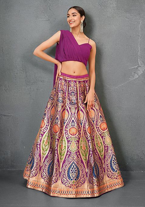 Wine Banarasi Silk Zari Work Lehenga Set