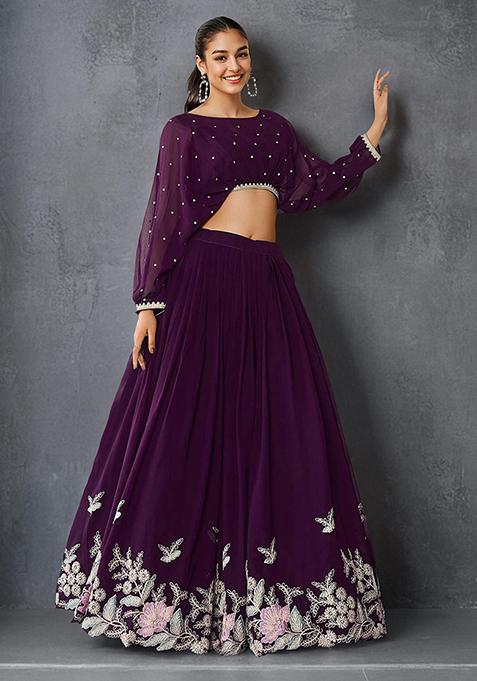 Wine Georgette Sequin Embroidered Lehenga Set