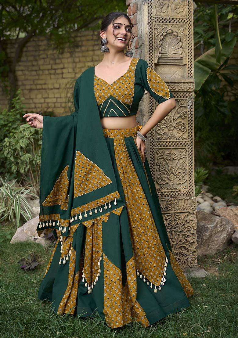Buy Women Green Printed Cotton Navratri Lehenga Choli Set