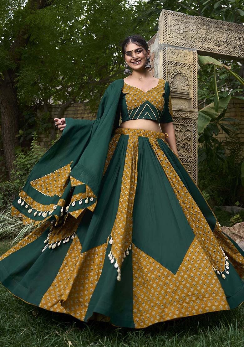 Green Printed Cotton Navratri Lehenga Choli Set