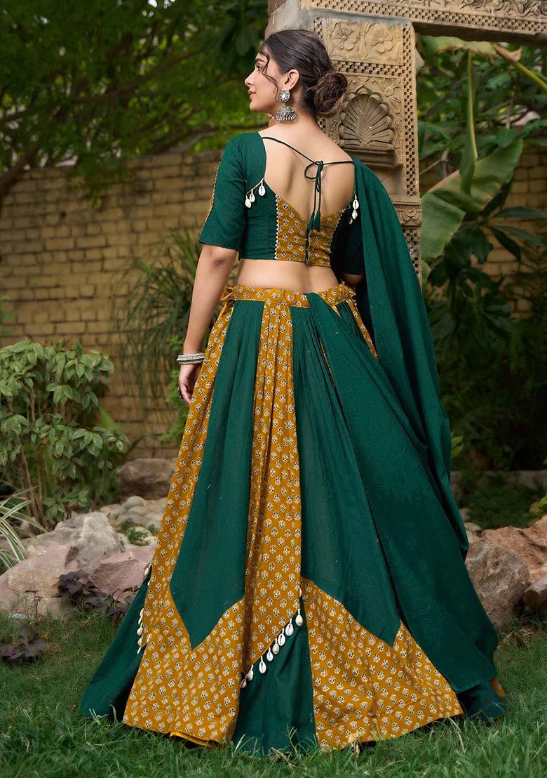 Green Printed Cotton Navratri Lehenga Choli Set