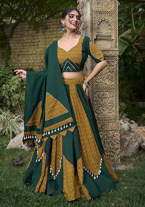 Green Printed Cotton Navratri Lehenga Choli Set