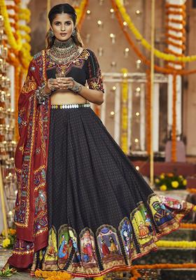Black Thread Mirror Embroidered Muslin Cotton Lehenga Set