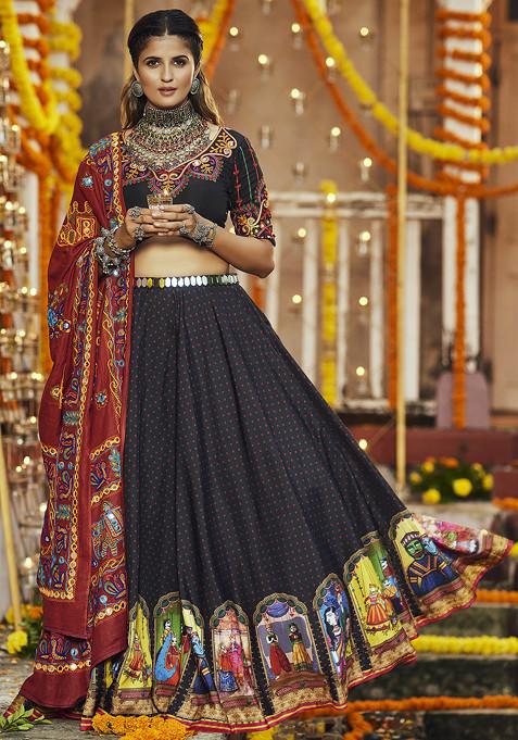 Black Thread Mirror Embroidered Muslin Cotton Lehenga Set