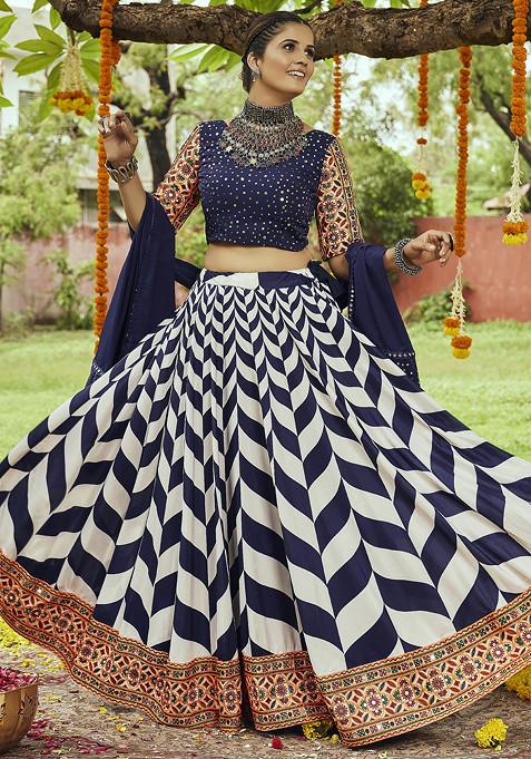 Blue Thread Mirror Embroidered Muslin Cotton Lehenga Set