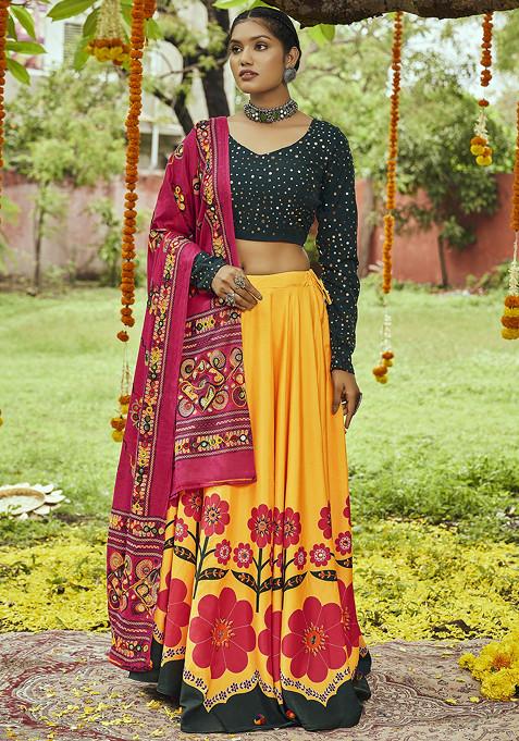 Yellow Thread Mirror Embroidered Muslin Cotton Lehenga Set