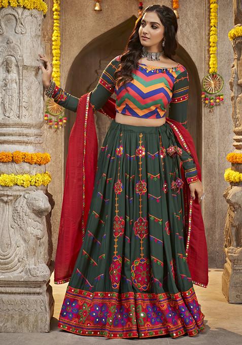 Green Thread Embroidered Viscose Rayon Lehenga Set