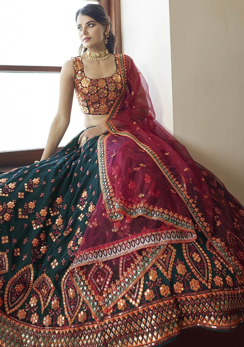 Dark Green Thread Embroidered Georgette Lehenga Set