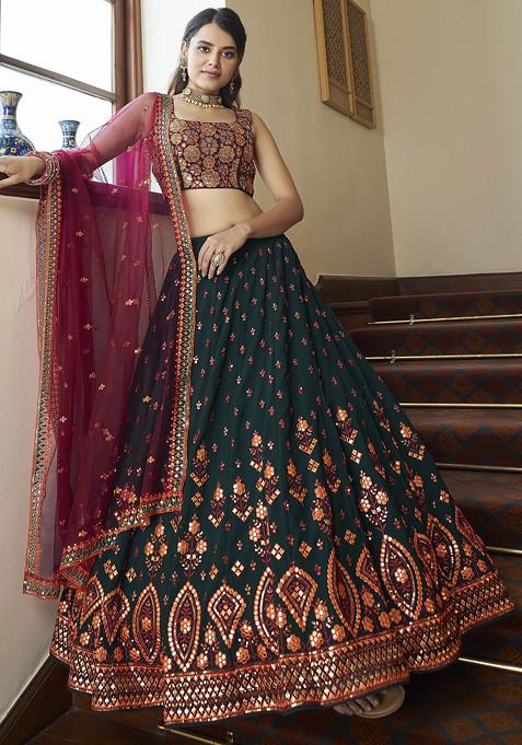 Dark Green Thread Embroidered Georgette Lehenga Set