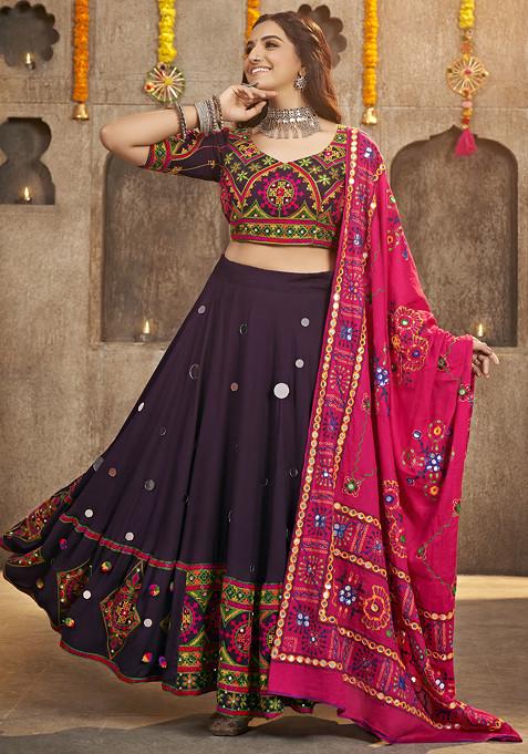 Purple Thread Embroidered Viscose Rayon Lehenga Set