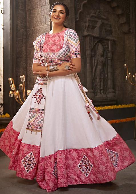 White Thread Embroidered Viscose Lehenga Set