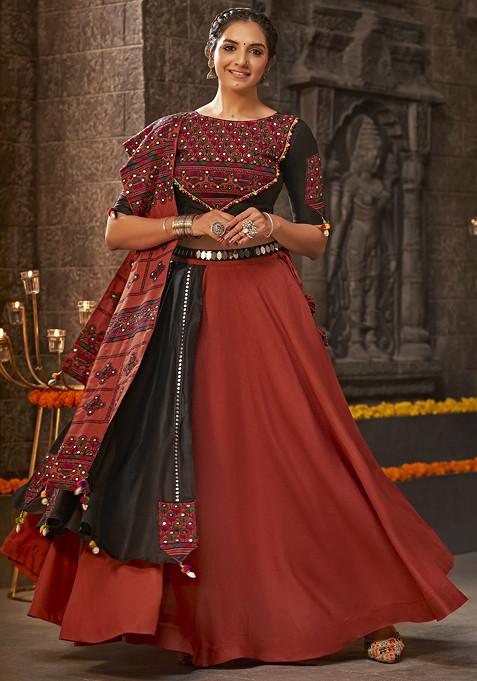 Orange Thread Embroidered Jacquard Cotton Lehenga Set