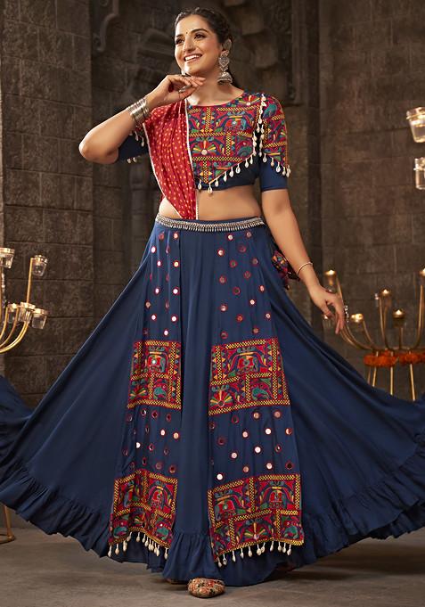 Blue Thread Embroidered Rayon Lehenga Set