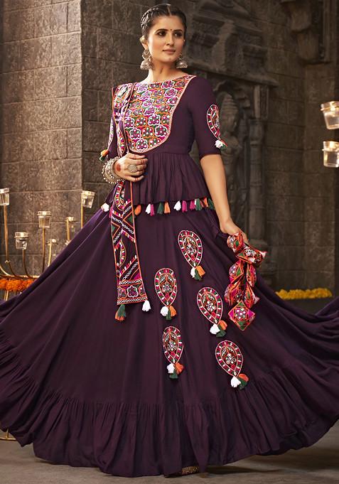 Purple Embroidered Viscose Rayon Lehenga Set