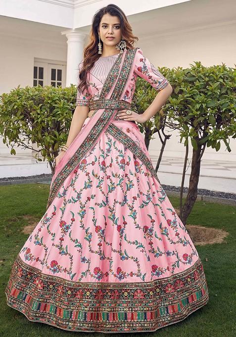 Baby Pink Thread And Sequin Embroidered Silk Lehenga Set