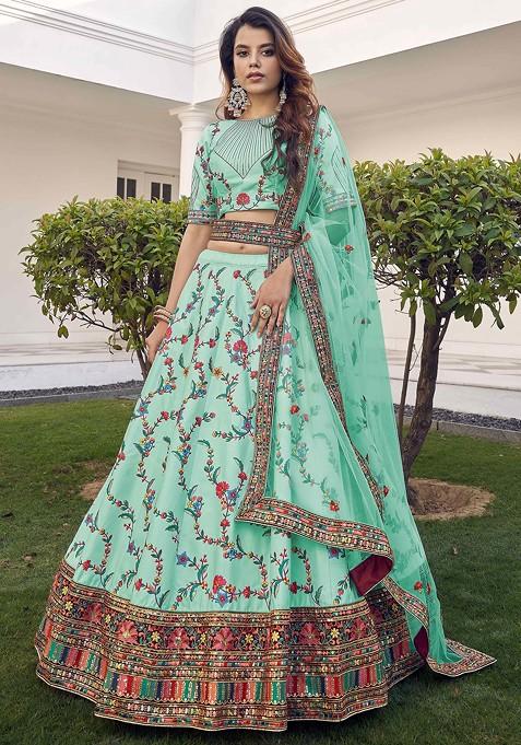 Pista Green Thread And Sequin Embroidered Silk Lehenga Set