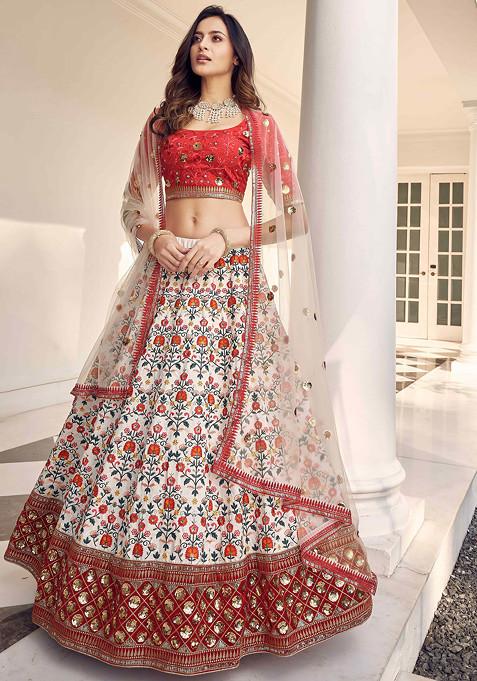 White Thread And Sequin Embroidered Silk Lehenga Set