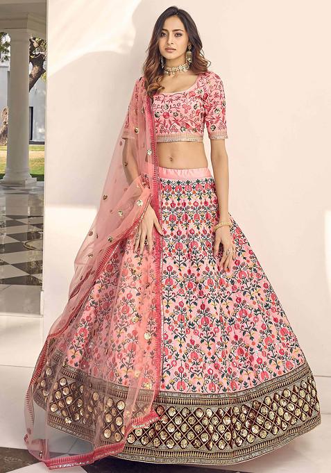 Pink Thread And Sequin Embroidered Art Silk Lehenga Set