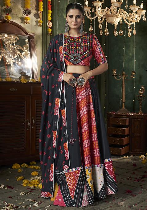 Black Thread Mirror Embellished Maslin Cotton Lehenga Set