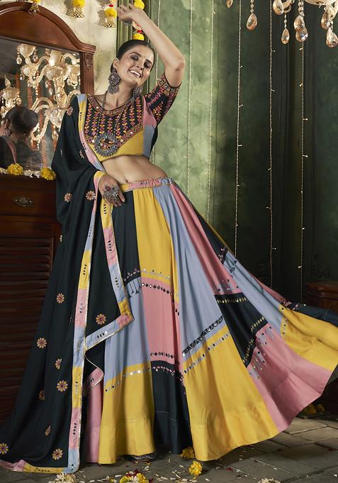 Multicolor Thread Mirror Embellished Maslin Cotton Lehenga Set