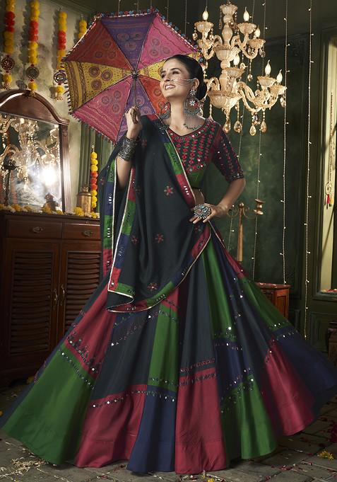 Multi Color Thread Mirror Embellished Maslin Cotton Lehenga Set