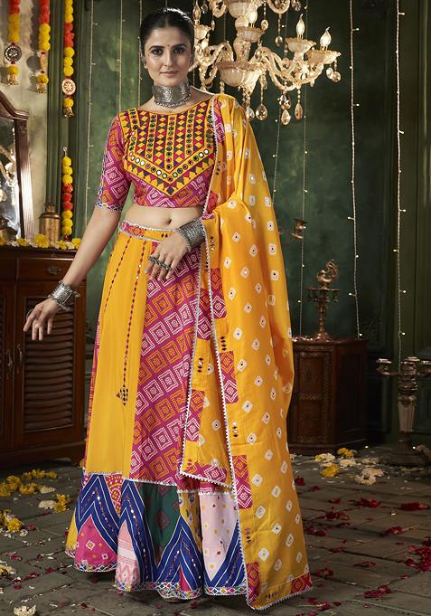 Yellow Mirror Embellished Maslin Cotton Lehenga Set