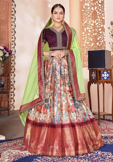 Brown Printed Zari Sequin Embroidered Litchi Silk Lehenga Set