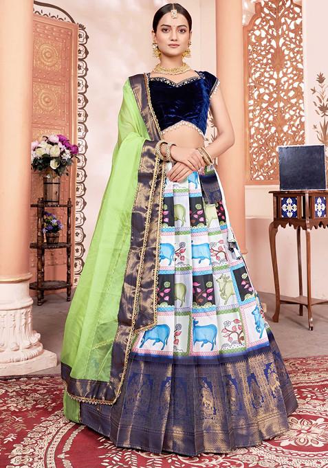 Blue Printed Zari Sequin Embroidered Litchi Silk Lehenga Set