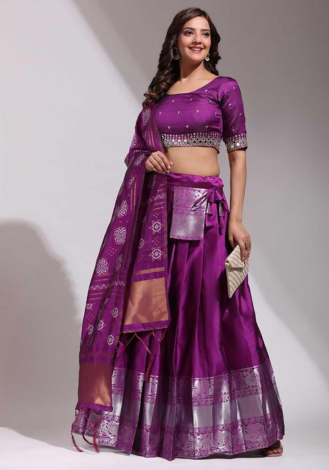 Purple Woven Design Zari Embroidered Litchi Silk Lehenga Set