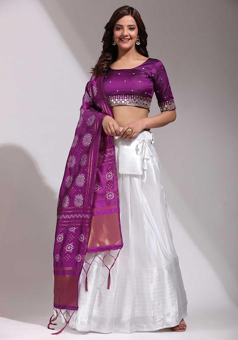 White Zari Embroidered Woven Design Litchi Silk Lehenga Set