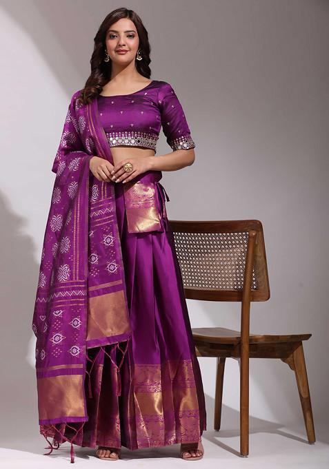 Purple Woven Design Zari Embroidered Lehenga Set