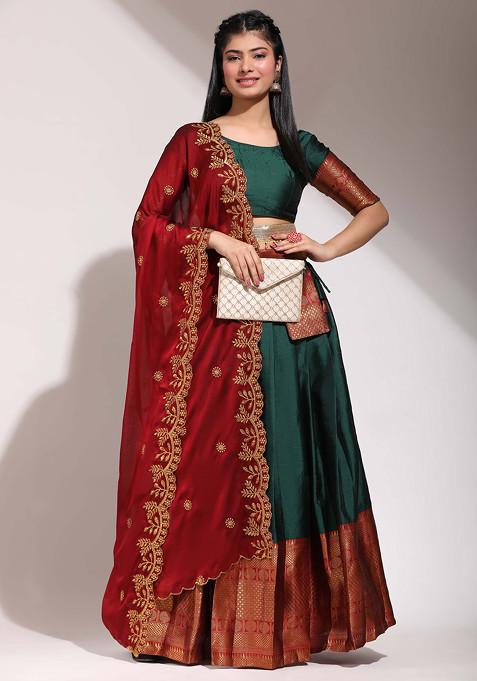 Bottle Green Zari Embroidered Woven Design Litchi Silk Lehenga Set