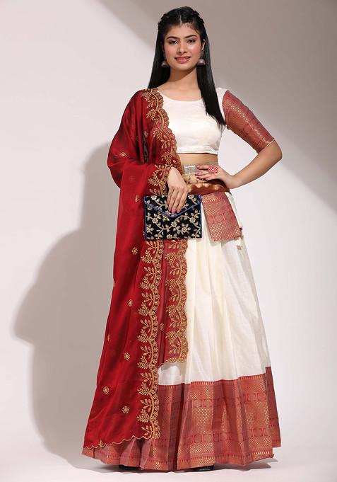 Cream Zari Embroidered Silk Lehenga Set