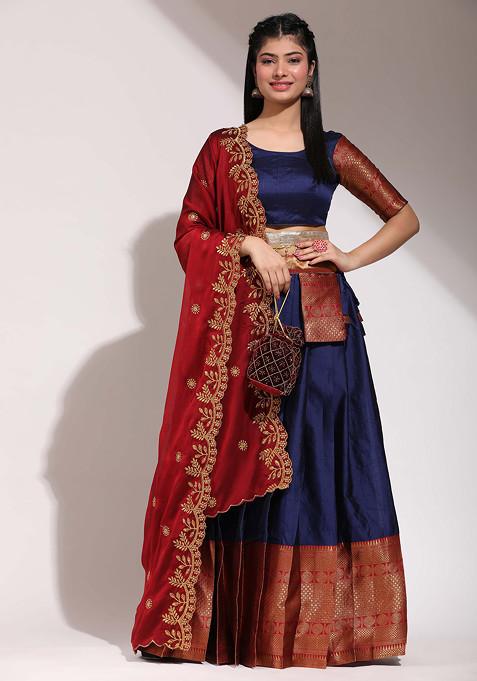 Navy Blue Woven Design Zari Embroidered Litchi Silk Lehenga Set