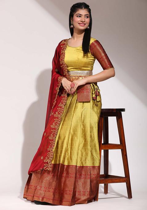 Yellow Woven Zari Embroidered Litchi Silk Lehenga Set