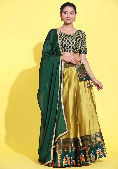 Yellow Woven Zari Embroidered Silk Lehenga Set