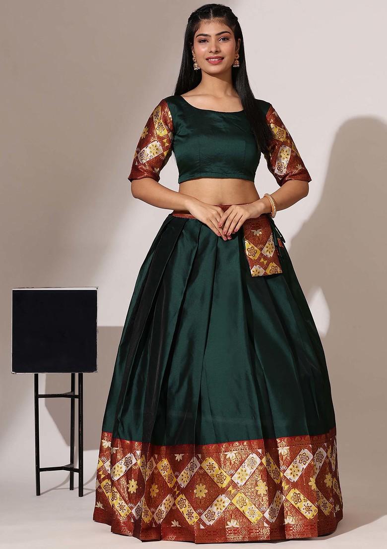 Bottle Green Zari Embroidered Woven Design Lehenga Set