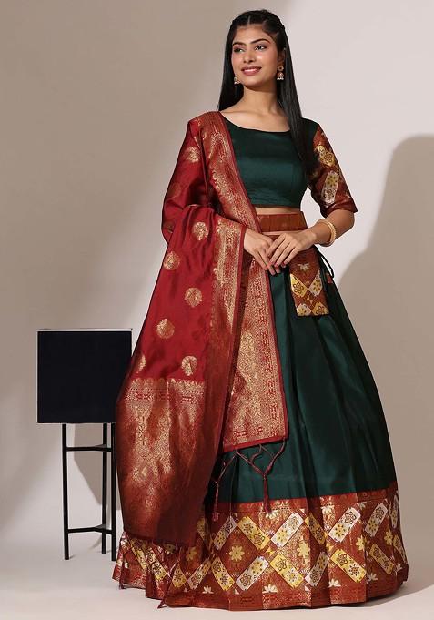 Bottle Green Zari Embroidered Woven Design Lehenga Set