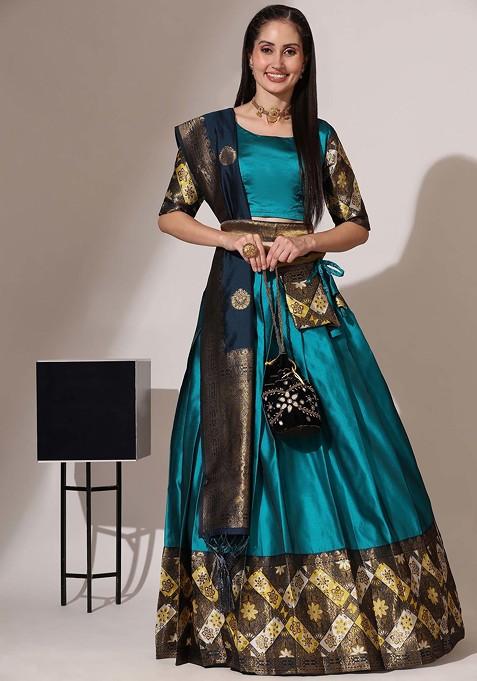 Firozi Zari Embroidered Woven Design Litchi Silk Lehenga Set