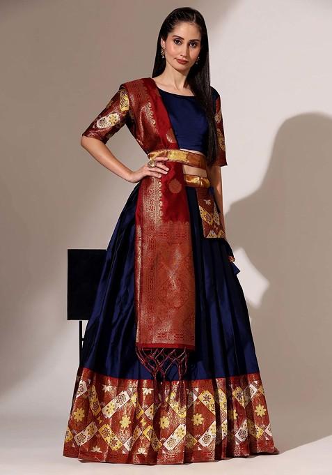 Navy Blue Woven Design Zari Embroidered Lehenga Set